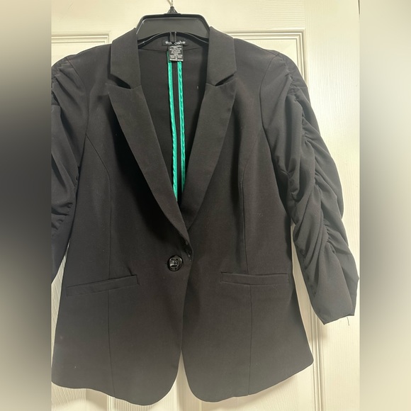 Stoosh women's black blazer 3/4 ruched sleeves stretchy fabric size M - Picture 5 of 9